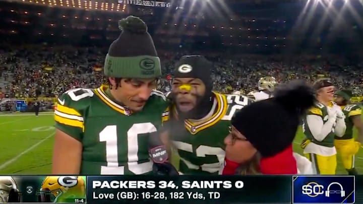 Green Bay Packers quarterback Jordan Love and DL Rashan Gary are interviewed by Lisa Salters. 