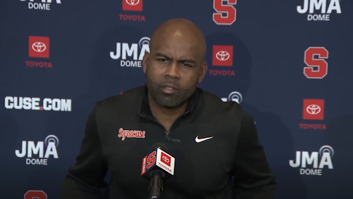 November 17, 2025; Syracuse, New York, USA; Syracuse coach Fran Brown addresses the media at his weekly news conference at the John A. Lally Athletics Complex. Mandatory Credit: Screen shot courtesy Syracuse University Athletic Communications November 17, 2025; Syracuse, New York, USA; Syracuse coach Fran Brown addresses the media at his weekly news conference at the John A. Lally Athletics Complex. Mandatory Credit: Screen shot courtesy Syracuse University Athletic Communications