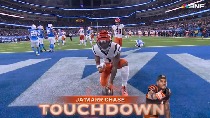 Cincinnati Bengals WR Ja'Marr Chase celebrates a touchdown in the end zone against the Los Angeles Chargers.