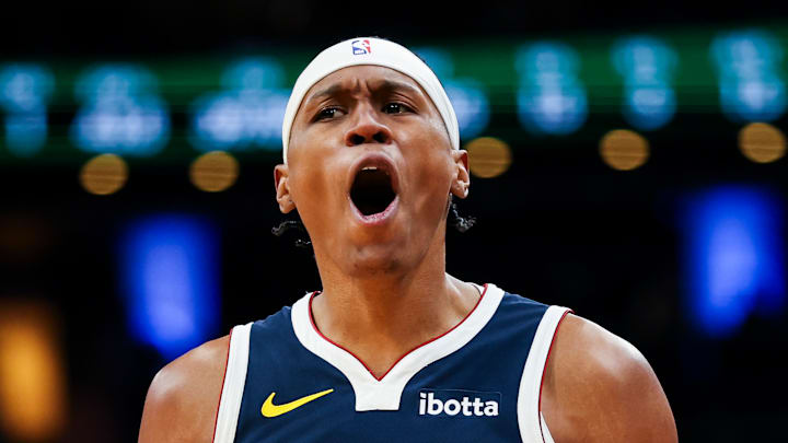 Peyton Watson reacts against the Boston Celtics