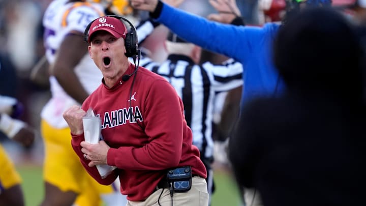 Oklahoma coach Brent Venables shouts during a college football game between the University of Oklahoma Sooners (OU) and the LSU Tigers at Gaylord Family – Oklahoma Memorial Stadium in Norman, Okla., Saturday, Nov. 29, 2025.