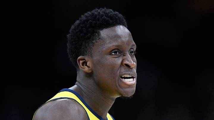 Indiana Pacers guard Victor Oladipo (4) reacts after a basket in the fourth quarter against the Cleveland Cavaliers in game one of the first round of the 2018 NBA Playoffs at Quicken Loans Arena on April 15, 2018.