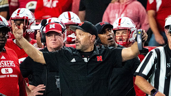 Sep 7, 2024; Lincoln, Nebraska, USA; Nebraska Cornhuskers head coach Matt Rhule reacts after a call during the fourth quarter against the Colorado Buffaloes at Memorial Stadium. 
