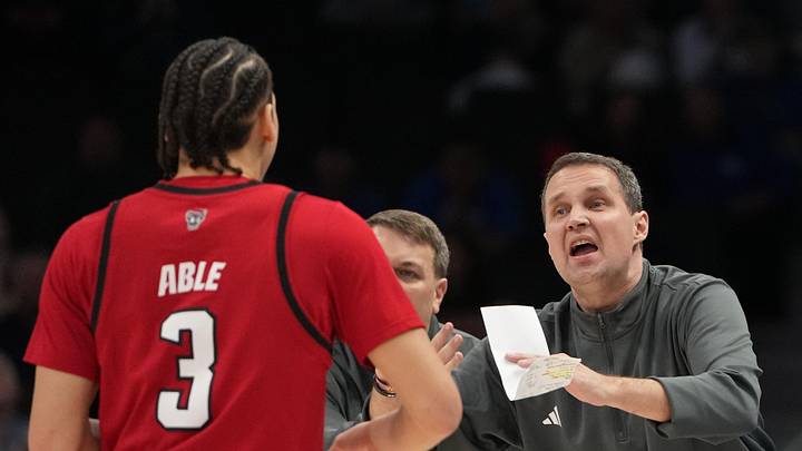 Mar 12, 2026; Charlotte, NC, USA; NC State Wolfpack head coach Will Wade with guard Matt Able (3) in the first half at Spectrum Center. Mandatory Credit: Bob Donnan-Imagn Images Mar 12, 2026; Charlotte, NC, USA; NC State Wolfpack head coach Will Wade with guard Matt Able (3) in the first half at Spectrum Center. Mandatory Credit: Bob Donnan-Imagn Images