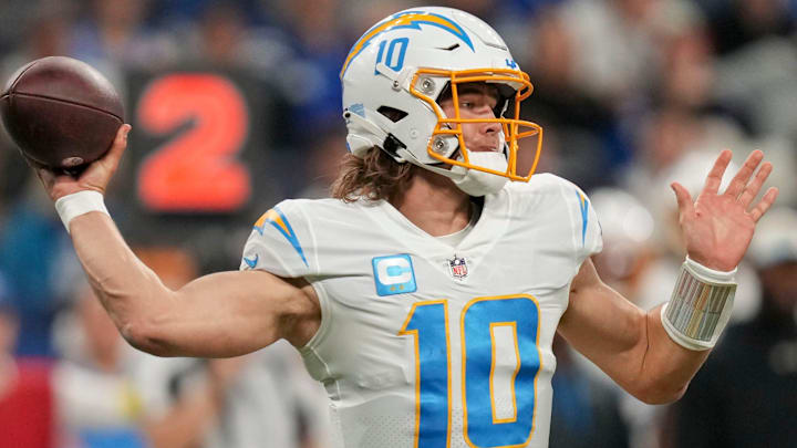 Los Angeles Chargers quarterback Justin Herbert (10) draws back to pass Monday, Dec. 26, 2022, during a game against the Indianapolis Colts at Lucas Oil Stadium in Indianapolis.