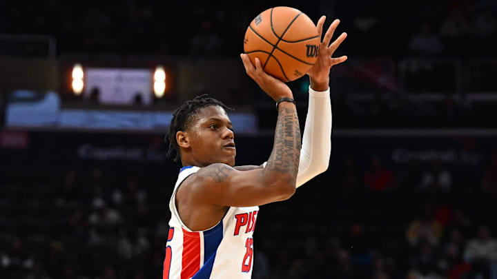 Mar 19, 2026; Washington, District of Columbia, USA; Detroit Pistons guard Marcus Sasser (25) attempts a shot against the Washington Wizards during the first half at Capital One Arena. Mandatory Credit: Brad Mills-Imagn Images Mar 19, 2026; Washington, District of Columbia, USA; Detroit Pistons guard Marcus Sasser (25) attempts a shot against the Washington Wizards during the first half at Capital One Arena. Mandatory Credit: Brad Mills-Imagn Images
