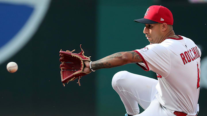 Cleveland Guardians shortstop Brayan Rocchio (4) gets in front of a ground ball hit by Detroit Tigers right fielder Wenceel Perez (46) during the fifth inning of Game 3 of the American League Wild Card Series at Progressive Field, Oct. 2, 2025, in Cleveland, Ohio.