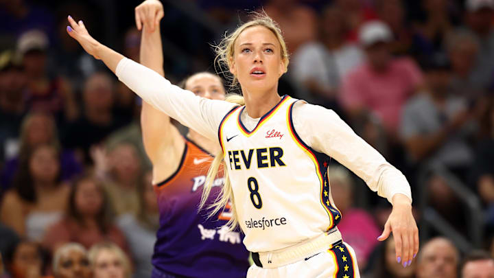 Aug 7, 2025; Phoenix, Arizona, USA; Indiana Fever guard Sophie Cunningham (8) against the Phoenix Mercury during an WNBA game at PHX Arena. Mandatory Credit: Mark J. Rebilas-Imagn Images Aug 7, 2025; Phoenix, Arizona, USA; Indiana Fever guard Sophie Cunningham (8) against the Phoenix Mercury during an WNBA game at PHX Arena. Mandatory Credit: Mark J. Rebilas-Imagn Images