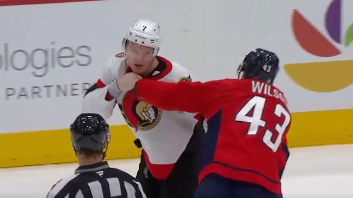 Brady Tkachuk and Tom Wilson drop gloves during the game between the Ottawa Senators and Washington Capitals