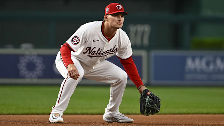 Jun 18, 2025; Washington, District of Columbia, USA; Washington Nationals third baseman Brady House (55) in the field against the Colorado Rockies during the first inning at Nationals Park. Jun 18, 2025; Washington, District of Columbia, USA; Washington Nationals third baseman Brady House (55) in the field against the Colorado Rockies during the first inning at Nationals Park.