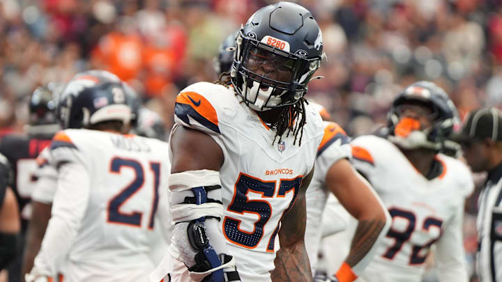 Nov 2, 2025; Houston, Texas, USA; Denver Broncos linebacker Dre Greenlaw (57) reacts after a play during the first half against the Houston Texans at NRG Stadium. 