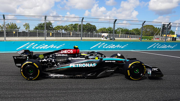 May 3, 2024; Miami Gardens, Florida, USA; Mercedes driver Lewis Hamilton (44) races out of turn 17 May 3, 2024; Miami Gardens, Florida, USA; Mercedes driver Lewis Hamilton (44) races out of turn 17