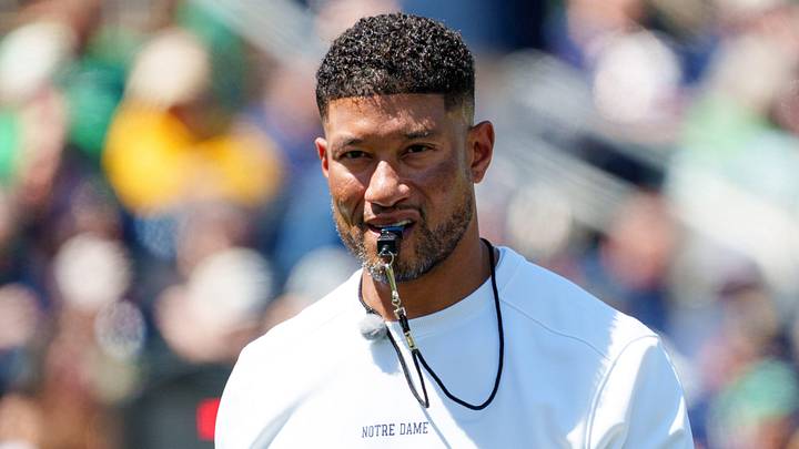 Notre Dame head coach Marcus Freeman during the Blue-Gold spring game at Notre Dame Stadium on Saturday, April 25, 2026, in South Bend.