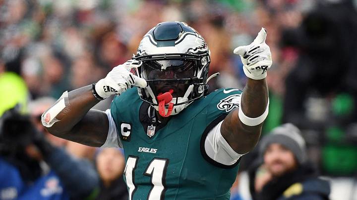 Jan 26, 2025; Philadelphia, PA, USA; Philadelphia Eagles wide receiver A.J. Brown (11) reacts after a play against the Washington Commanders during the first half in the NFC Championship game at Lincoln Financial Field. Mandatory Credit: Eric Hartline-Imagn Images Jan 26, 2025; Philadelphia, PA, USA; Philadelphia Eagles wide receiver A.J. Brown (11) reacts after a play against the Washington Commanders during the first half in the NFC Championship game at Lincoln Financial Field. Mandatory Credit: Eric Hartline-Imagn Images