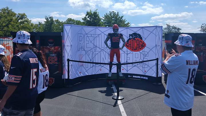 The Bears put their new Rivalries uniforms on dispaly for fans Tuesday at training camp. The Bears put their new Rivalries uniforms on dispaly for fans Tuesday at training camp.