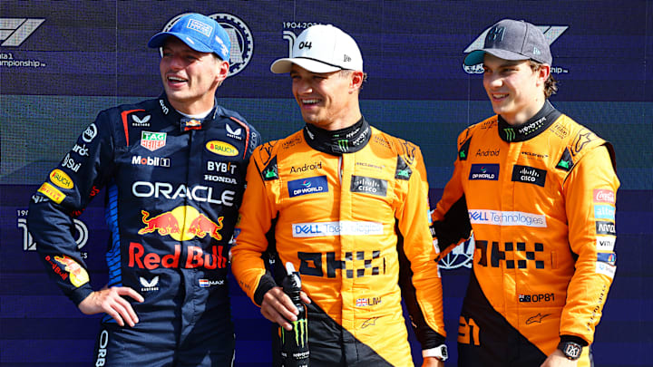 Second placed qualifier Max Verstappen of the Netherlands and Oracle Red Bull Racing, pole position qualifier Lando Norris of Great Britain and McLaren and third placed qualifier Oscar Piastri of Australia and McLaren react in parc ferme after qualifying ahead of the F1 Grand Prix of Netherlands at Circuit Zandvoort on August 24, 2024 in Zandvoort, Netherlands. Second placed qualifier Max Verstappen of the Netherlands and Oracle Red Bull Racing, pole position qualifier Lando Norris of Great Britain and McLaren and third placed qualifier Oscar Piastri of Australia and McLaren react in parc ferme after qualifying ahead of the F1 Grand Prix of Netherlands at Circuit Zandvoort on August 24, 2024 in Zandvoort, Netherlands.