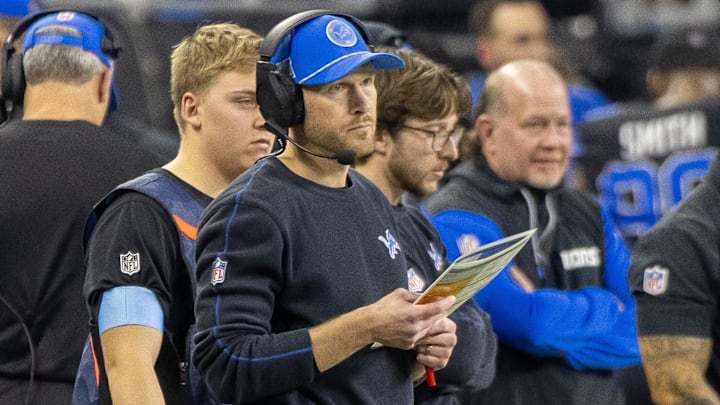 Jan 5, 2025; Detroit, Michigan, USA; Detroit Lions Offensive Coordinator Ben Johnson call plays from the sidelines against the Minnesota Vikings during the second half at Ford Field. Mandatory Credit: David Reginek-Imagn Images