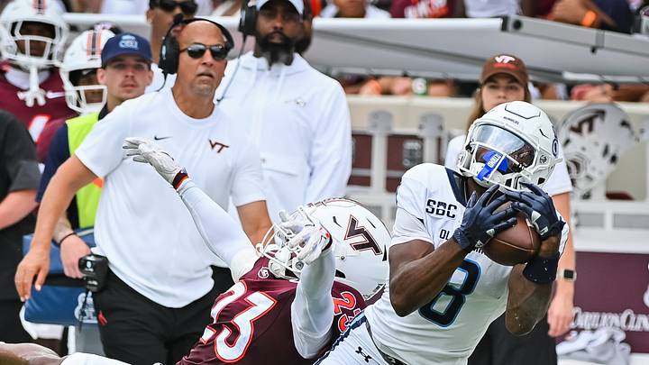 Sep 12, 2026; Blacksburg, Va.; ODU wide receiver Josh Rodriguez (8) catches a pass as Virginia Tech cornerback Thomas Williams (23) defends. Sep 12, 2026; Blacksburg, Va.; ODU wide receiver Josh Rodriguez (8) catches a pass as Virginia Tech cornerback Thomas Williams (23) defends.