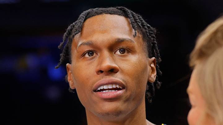 Denver Nuggets forward Peyton Watson (8) answers questions during an interview after the game with the Minnesota Timberwolves at Target Center on Oct 27, 2025.