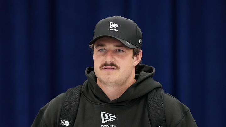 Feb 25, 2026; Indianapolis, IN, USA; Syracuse place kicker Jack Stonehouse Jr. (PK05) speaks during the NFL Scouting Combine at the Indiana Convention Center. Mandatory Credit: Kirby Lee-Imagn Images