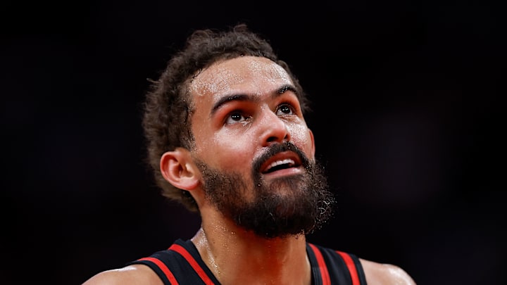 Trae Young looks up during a match against the Houston Rockets