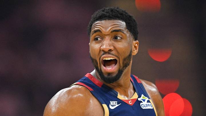 May 23, 2026; Cleveland, Ohio, USA; Cleveland Cavaliers guard Donovan Mitchell (45) reacts in the third quarter against the New York Knicks during game three of the eastern conference finals for the 2026 NBA playoffs at Rocket Arena. Mandatory Credit: David Richard-Imagn Images