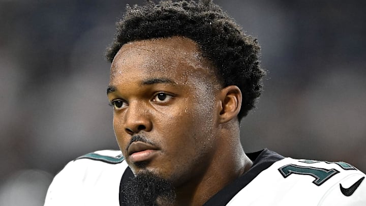 Philadelphia Eagles linebacker Nakobe Dean looks on the field prior to the game against the Houston Texans.