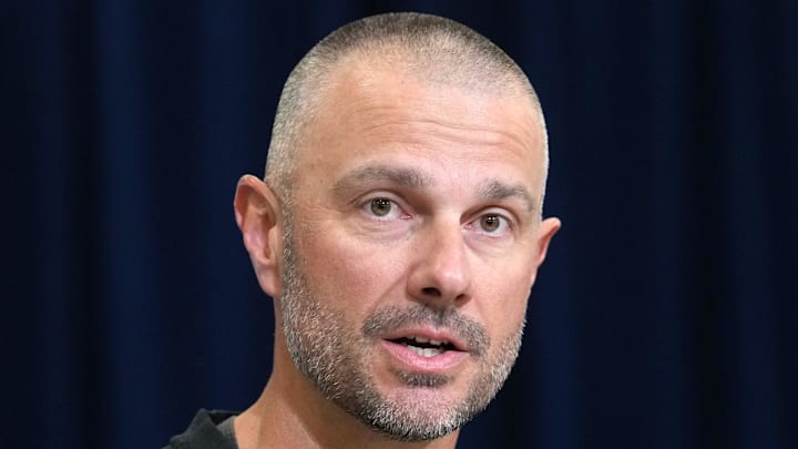 Feb 24, 2026; Indianapolis, IN, USA; Las Vegas Raiders general manager John Spytek speaks at the NFL Scouting Combine at the Indiana Convention Center. Mandatory Credit: Kirby Lee-Imagn Images