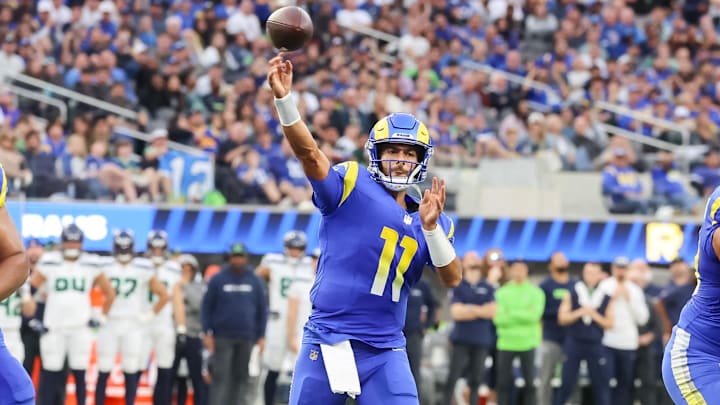 Jan 5, 2025; Inglewood, California, USA; Los Angeles Rams Quarterback Jimmy Garoppolo (11) throws for a reception at SoFi Stadium as the Seattle Seahawks face off versus Los Angeles Rams Week 18 matchup. Mandatory Credit: William Navarro-Imagn Images Jan 5, 2025; Inglewood, California, USA; Los Angeles Rams Quarterback Jimmy Garoppolo (11) throws for a reception at SoFi Stadium as the Seattle Seahawks face off versus Los Angeles Rams Week 18 matchup. Mandatory Credit: William Navarro-Imagn Images