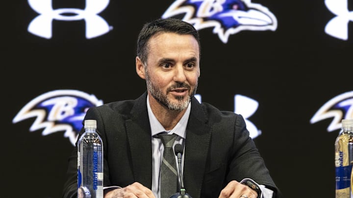 Jan 29, 2026; Owings Mills, MD, USA; Jesse Minter smiling during opening remarks at press conference at Under Armour Performance Center. Mandatory Credit: Lexi Thompson-Imagn Images