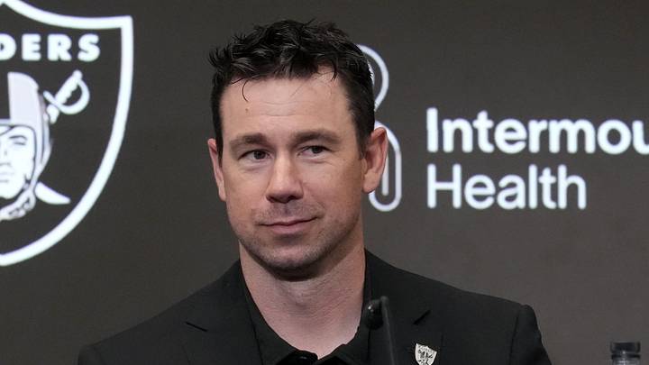 Las Vegas Raiders head coach Klint Kubiak at press conference.