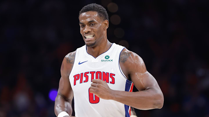 Apr 2, 2025; Oklahoma City, Oklahoma, USA; Detroit Pistons center Jalen Duren (0) runs down the court against the Oklahoma City Thunder during the second half at Paycom Center. Mandatory Credit: Alonzo Adams-Imagn Images