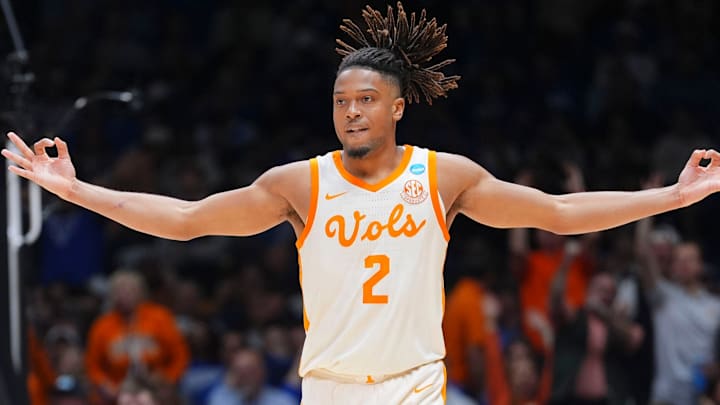Tennessee guard Chaz Lanier (2) celebration after hitting a 3-point basket during the Sweet 16 game against Kentucky in the NCAA college basketball tournament on Friday, March 28, 2025, in Indianapolis, IN. Tennessee guard Chaz Lanier (2) celebration after hitting a 3-point basket during the Sweet 16 game against Kentucky in the NCAA college basketball tournament on Friday, March 28, 2025, in Indianapolis, IN.