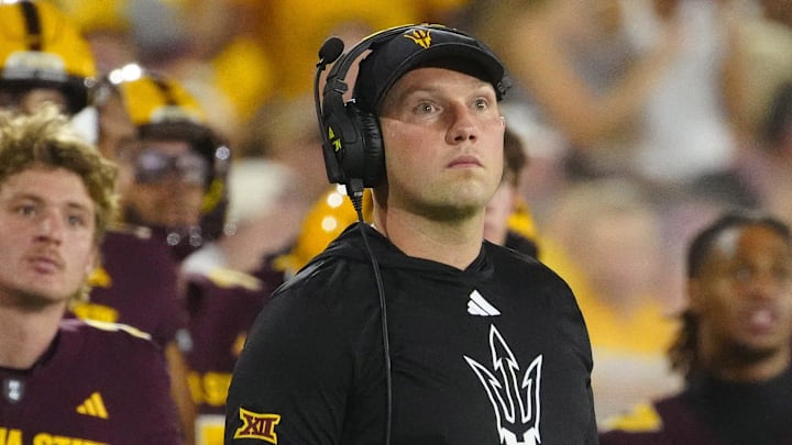 Arizona State coach Kenny Dillingham looks up at the scoreboard during a game against NAU at Mountain America Stadium in Tempe.