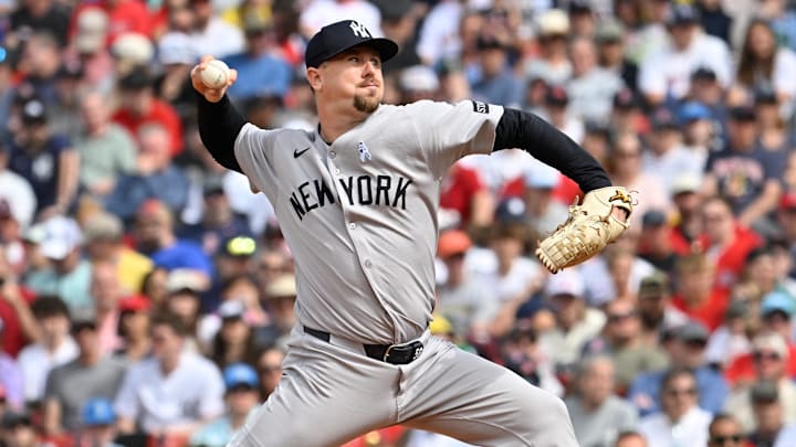Jun 15, 2025; Boston, Massachusetts, USA; New York Yankees relief pitcher Mark Leiter Jr. (56) pitches against the Boston Red Sox during the eighth inning at Fenway Park. Mandatory Credit: Eric Canha-Imagn Images