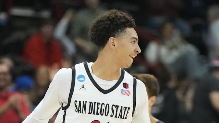 Mar 24, 2024; Spokane, WA, USA; San Diego State Aztecs guard Miles Byrd (21) moves on the court in the second half against the Yale Bulldogs at Spokane Veterans Memorial Arena. Mandatory Credit: Kirby Lee-Imagn Images