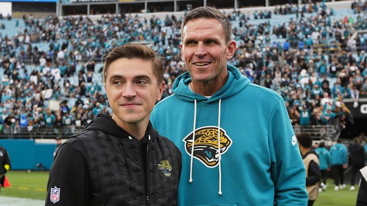Jan 4, 2026; Jacksonville, Florida, USA; Jacksonville Jaguars general manager James Gladstone (left) and executive vice president of football operations Tony Boselli stand on the field after the game against the Tennessee Titans at EverBank Stadium. Mandatory Credit: Travis Register-Imagn Images Jan 4, 2026; Jacksonville, Florida, USA; Jacksonville Jaguars general manager James Gladstone (left) and executive vice president of football operations Tony Boselli stand on the field after the game against the Tennessee Titans at EverBank Stadium. Mandatory Credit: Travis Register-Imagn Images