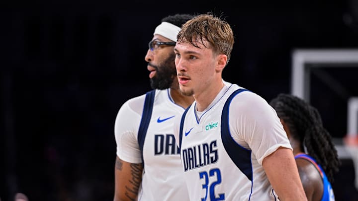 Oct 6, 2025; Fort Worth, Texas, USA; Dallas Mavericks forward/center Anthony Davis (3) hugs forward Cooper Flagg (32) during the game between the Dallas Mavericks and the Oklahoma City Thunder at Dickie's Arena. Mandatory Credit: Jerome Miron-Imagn Images Oct 6, 2025; Fort Worth, Texas, USA; Dallas Mavericks forward/center Anthony Davis (3) hugs forward Cooper Flagg (32) during the game between the Dallas Mavericks and the Oklahoma City Thunder at Dickie's Arena. Mandatory Credit: Jerome Miron-Imagn Images