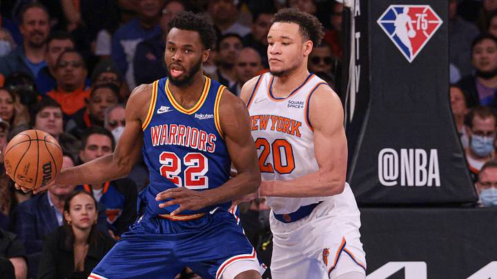Dec 14, 2021; New York, New York, USA; Golden State Warriors forward Andrew Wiggins (22) controls the ball as New York Knicks forward Kevin Knox II (20) defends during the second half at Madison Square Garden. Mandatory Credit: Vincent Carchietta-USA TODAY Sports Dec 14, 2021; New York, New York, USA; Golden State Warriors forward Andrew Wiggins (22) controls the ball as New York Knicks forward Kevin Knox II (20) defends during the second half at Madison Square Garden. Mandatory Credit: Vincent Carchietta-USA TODAY Sports