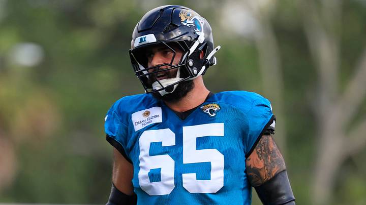 Jacksonville Jaguars offensive tackle Patrick Mekari (65) looks on during the sixth day of NFL training camp at the Miller Electric Center on Tuesday, Aug. 4, 2026, in Jacksonville, Fla.