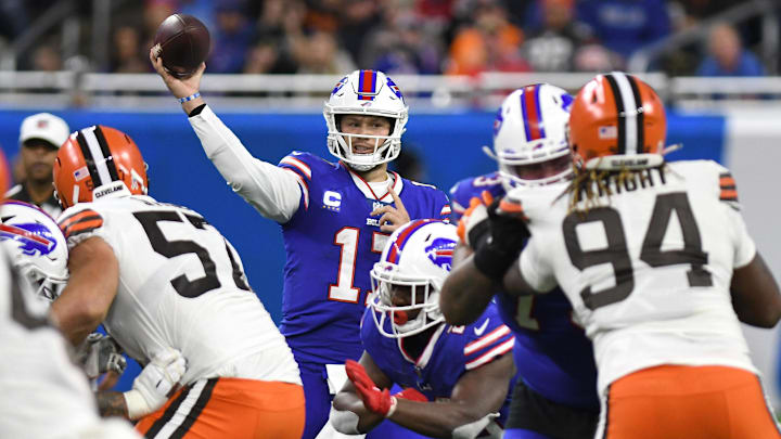 Nov 20, 2022; Detroit, Michigan, USA;  Buffalo Bills quarterback Josh Allen (17) gets ready to throw a pass against the Cleveland Browns in the fourth quarter at Ford Field.