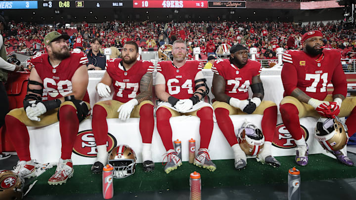 San Francisco 49ers offensive linemen (L to R) Colton McKivitz, Dominick Puni, Jake Brendel, Spencer Burford and Trent Williams San Francisco 49ers offensive linemen (L to R) Colton McKivitz, Dominick Puni, Jake Brendel, Spencer Burford and Trent Williams