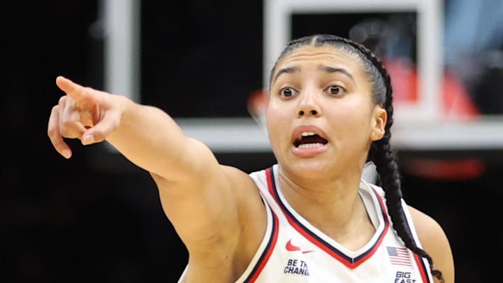  UConn Huskies guard Azzi Fudd gestures during the second half against the Iowa Hawkeyes.