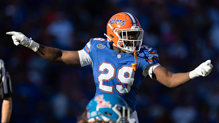 Nov 23, 2024; Gainesville, Florida, USA; Florida Gators linebacker Jaden Robinson (29) gestures before the snap against the Mississippi Rebels during the second half at Ben Hill Griffin Stadium. Mandatory Credit: Matt Pendleton-Imagn Images