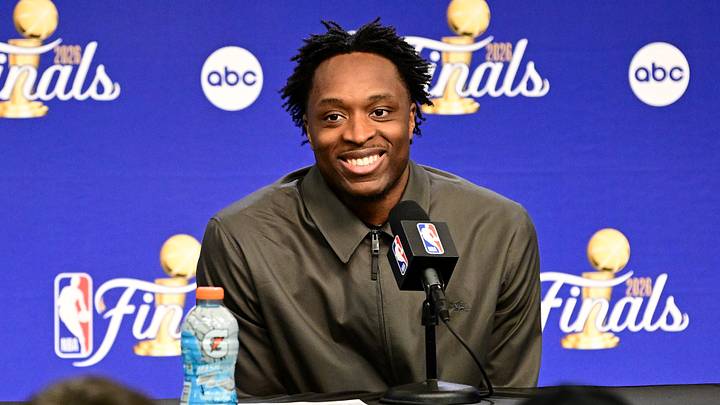 OG Anunoby of the New York Knicks smiles after Game 4 of the 2026 NBA Finals. Copyright 2026 NBAE (Photo by Mike Lawrence/NBAE via Getty Images) OG Anunoby of the New York Knicks smiles after Game 4 of the 2026 NBA Finals. Copyright 2026 NBAE (Photo by Mike Lawrence/NBAE via Getty Images)