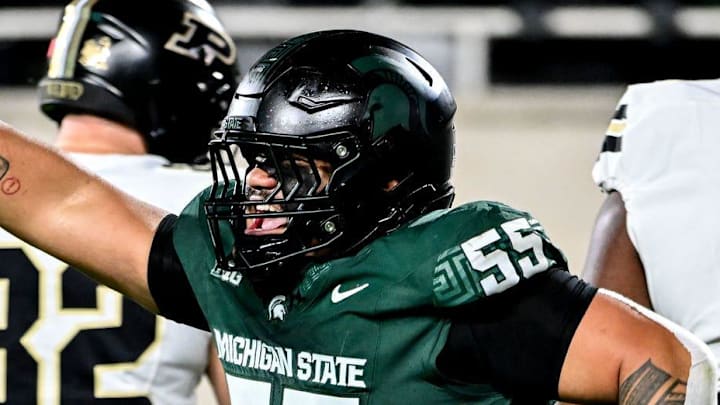 Michigan State's Ben Roberts celebrates after the Spartans blocked a Purdue field goal attempt during the second quarter on Friday, Nov. 22, 2024, at Spartan Stadium in East Lansing.