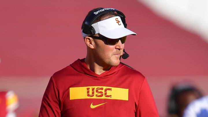 Nov 16, 2024; Los Angeles, California, USA; Southern California Trojans head coach Lincoln Riley watches game action against the Nebraska Cornhuskers during the second half at the Los Angeles Memorial Coliseum. Nov 16, 2024; Los Angeles, California, USA; Southern California Trojans head coach Lincoln Riley watches game action against the Nebraska Cornhuskers during the second half at the Los Angeles Memorial Coliseum.