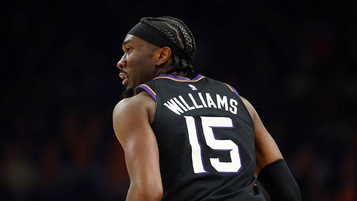 Apr 14, 2026; Phoenix, Arizona, USA; Detailed view of the jersey of Phoenix Suns center Mark Williams (15) against the Portland Trail Blazers during the play-in rounds of the 2026 NBA Playoffs at Mortgage Matchup Center. Mandatory Credit: Mark J. Rebilas-Imagn Images
