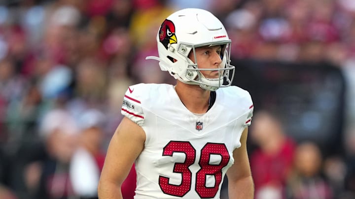 Dec 21, 2025; Glendale, Arizona, USA;  Arizona Cardinals place kicker Chad Ryland (38) prepares to kick a field goal against the Atlanta Falcons during the first half at State Farm Stadium. Mandatory Credit: Joe Camporeale-Imagn Images