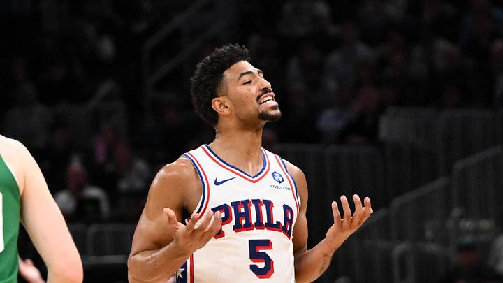 Apr 21, 2026; Boston, Massachusetts, USA; Philadelphia 76ers guard Quentin Grimes (5) reacts after making a three-point basket against the Boston Celtics in the first half of a game two of the first round of the 2026 NBA Playoffs at TD Garden. Mandatory Credit: Brian Fluharty-Imagn Images